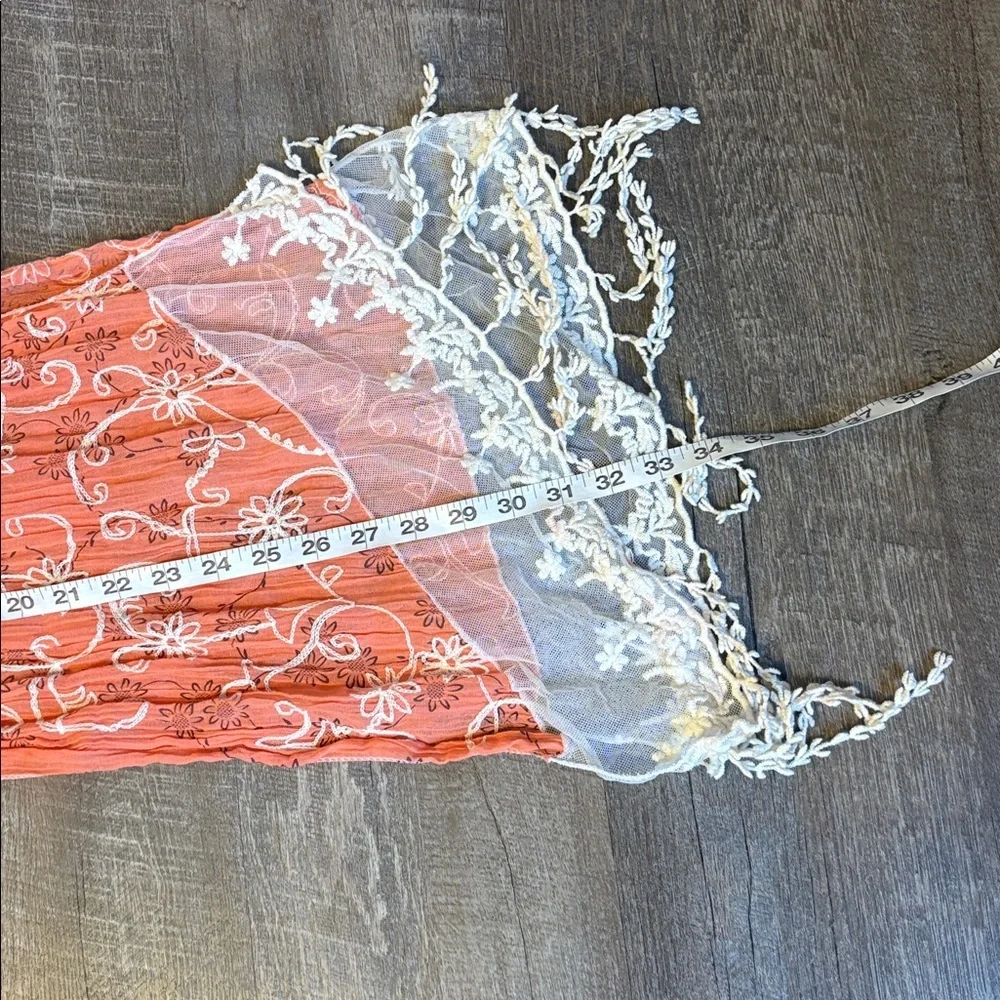 Tickled Pink Orange cream Mesh Crochet Embroidered Floral Scarf Fringe Cotton